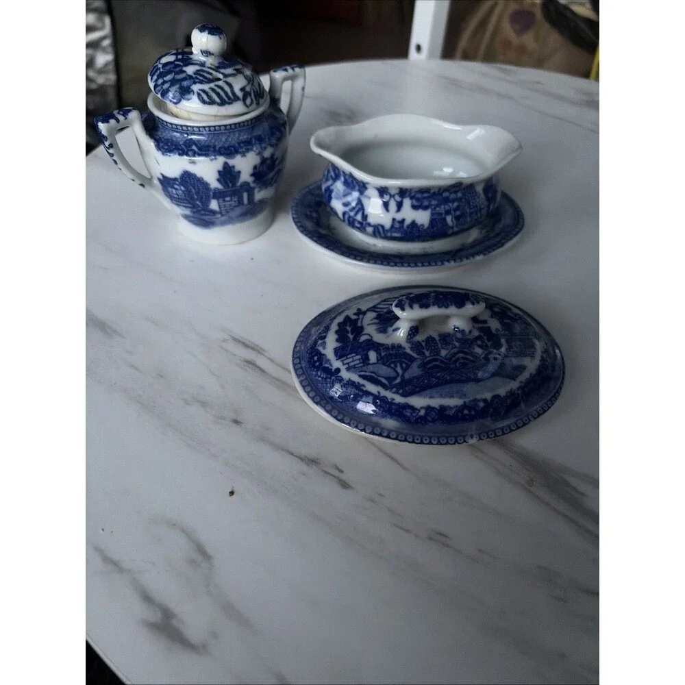 Japanese Child's Set Small Serving Pieces Blue White Ceramic